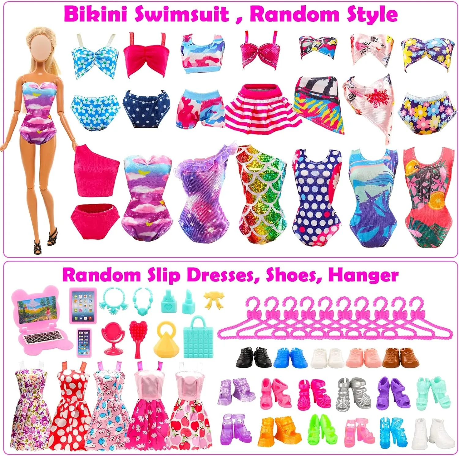 57 Pack Doll Clothes and Accessories 5 Fashion Dresses 4 Tops 4 Pants Outfits 3 Wedding Gown Dresses 3 Swimsuits Bikini 5 Mini Dresses, 10 Hangers 15 Shoes Computer Cosmetic for 11.5 Inch Doll