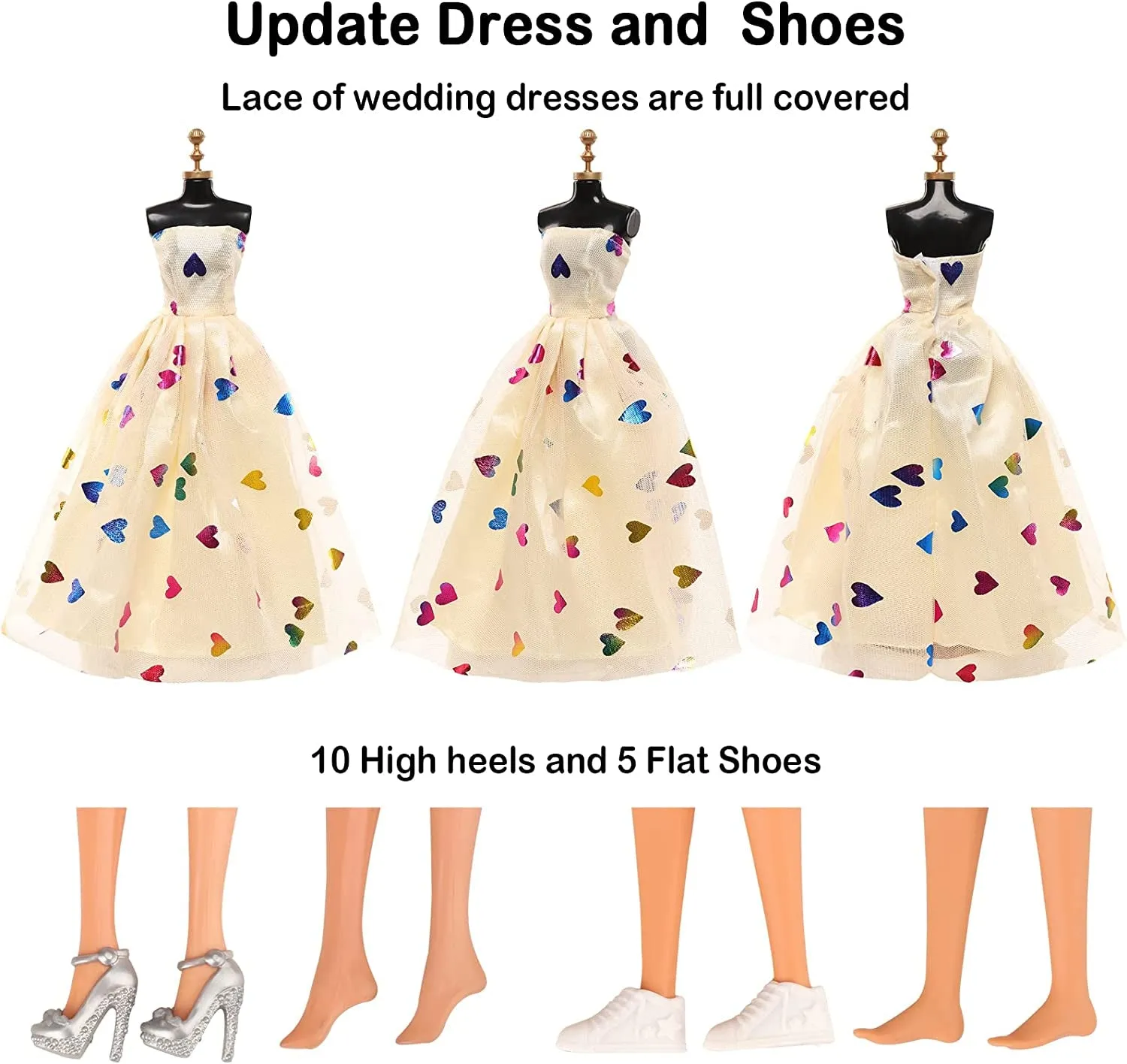 57 Pack Doll Clothes and Accessories 5 Fashion Dresses 4 Tops 4 Pants Outfits 3 Wedding Gown Dresses 3 Swimsuits Bikini 5 Mini Dresses, 10 Hangers 15 Shoes Computer Cosmetic for 11.5 Inch Doll