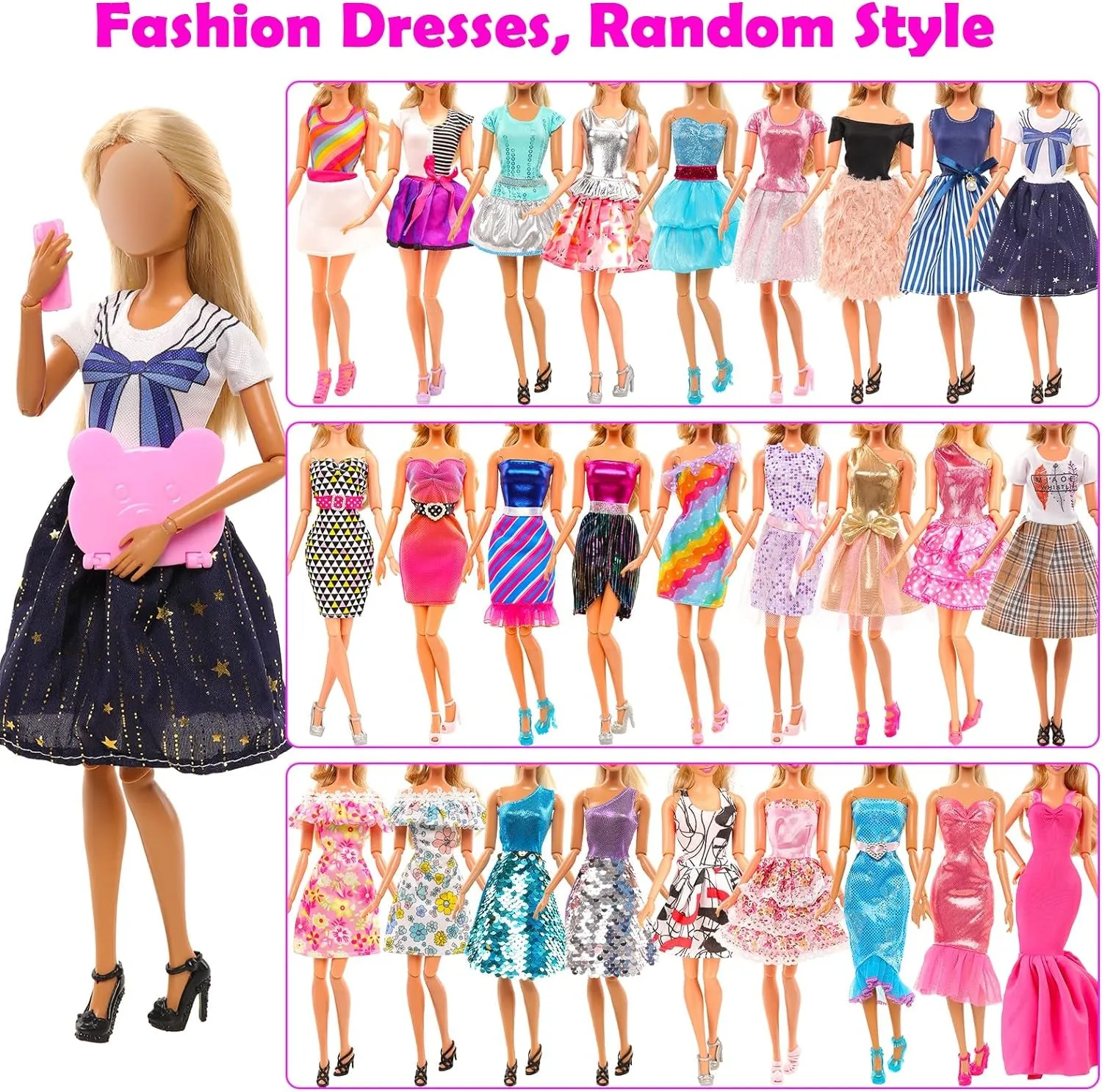 57 Pack Doll Clothes and Accessories 5 Fashion Dresses 4 Tops 4 Pants Outfits 3 Wedding Gown Dresses 3 Swimsuits Bikini 5 Mini Dresses, 10 Hangers 15 Shoes Computer Cosmetic for 11.5 Inch Doll
