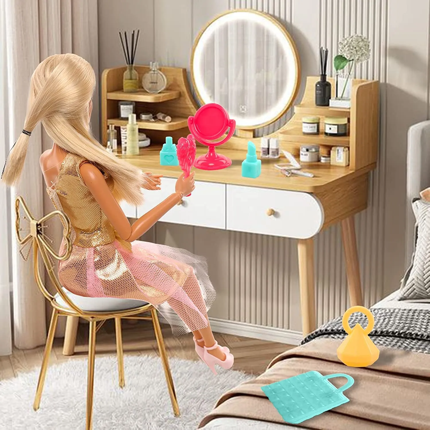 57 Pack Doll Clothes and Accessories 5 Fashion Dresses 4 Tops 4 Pants Outfits 3 Wedding Gown Dresses 3 Swimsuits Bikini 5 Mini Dresses, 10 Hangers 15 Shoes Computer Cosmetic for 11.5 Inch Doll