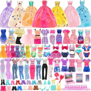 57 Pack Doll Clothes and Accessories 5 Fashion Dresses 4 Tops 4 Pants Outfits 3 Wedding Gown Dresses 3 Swimsuits Bikini 5 Mini Dresses, 10 Hangers 15 Shoes Computer Cosmetic for 11.5 Inch Doll