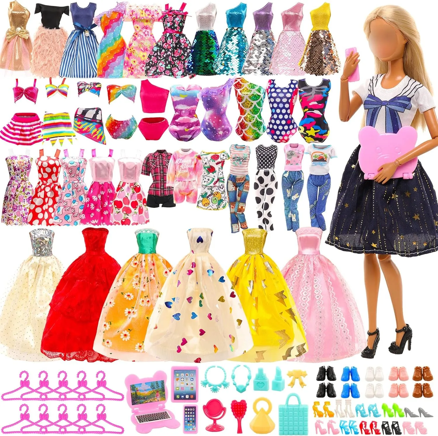 57 Pack Doll Clothes and Accessories 5 Fashion Dresses 4 Tops 4 Pants Outfits 3 Wedding Gown Dresses 3 Swimsuits Bikini 5 Mini Dresses, 10 Hangers 15 Shoes Computer Cosmetic for 11.5 Inch Doll