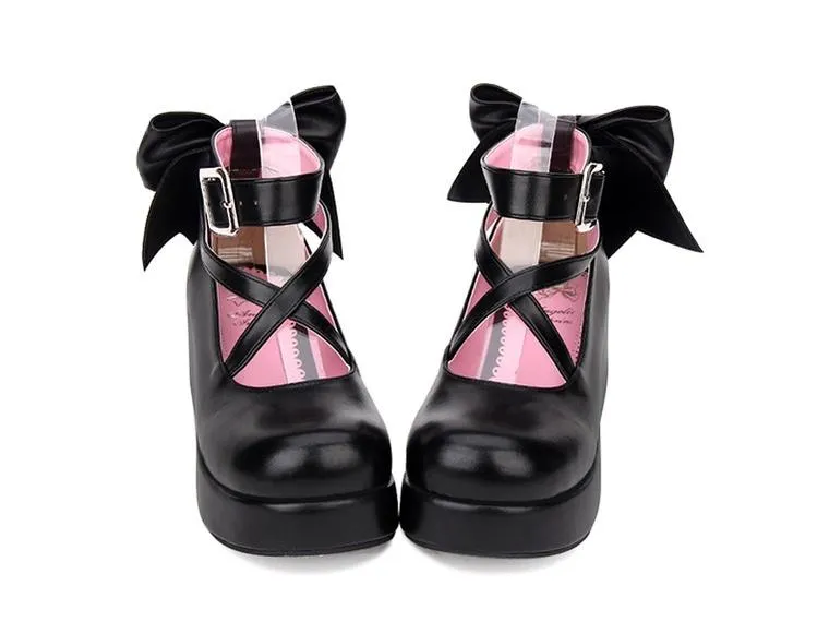 Angelic Imprint~Daily Lolita Leather Shoes Platform Medium Heel Big Bow Shoe