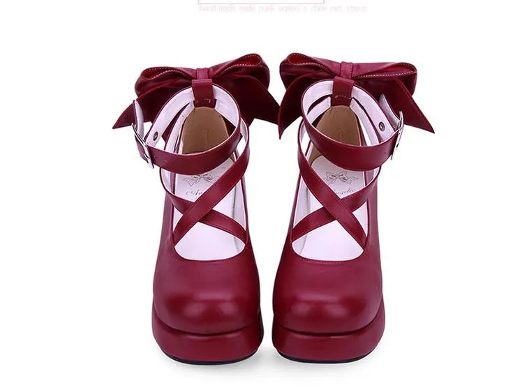 Angelic Imprint~Daily Lolita Leather Shoes Platform Medium Heel Big Bow Shoe