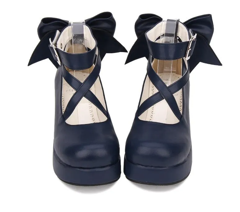 Angelic Imprint~Daily Lolita Leather Shoes Platform Medium Heel Big Bow Shoe