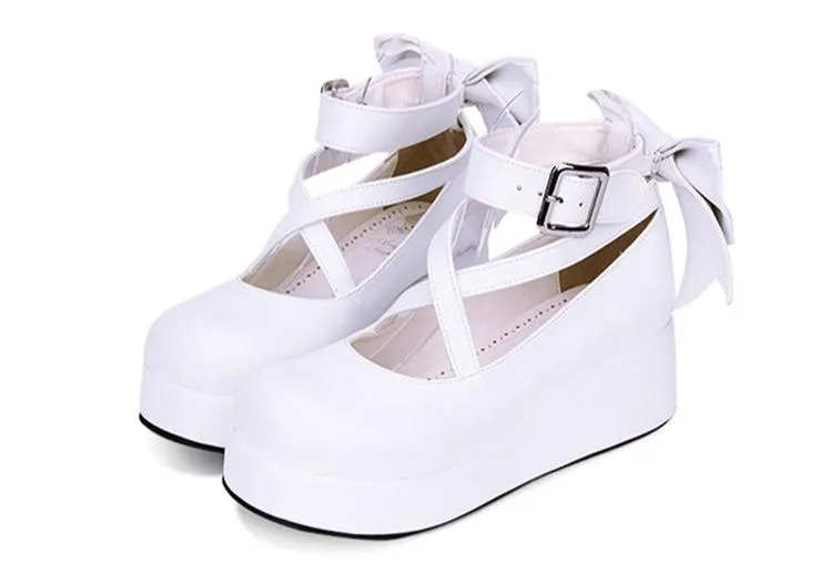 Angelic Imprint~Daily Lolita Leather Shoes Platform Medium Heel Big Bow Shoe