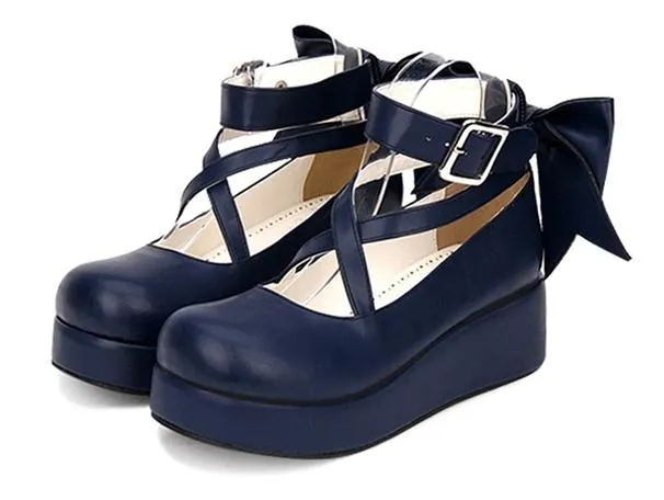Angelic Imprint~Daily Lolita Leather Shoes Platform Medium Heel Big Bow Shoe