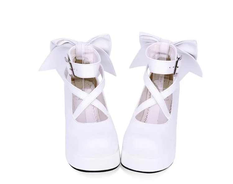 Angelic Imprint~Daily Lolita Leather Shoes Platform Medium Heel Big Bow Shoe
