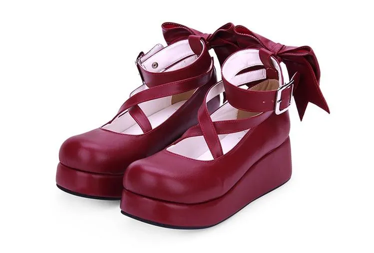 Angelic Imprint~Daily Lolita Leather Shoes Platform Medium Heel Big Bow Shoe