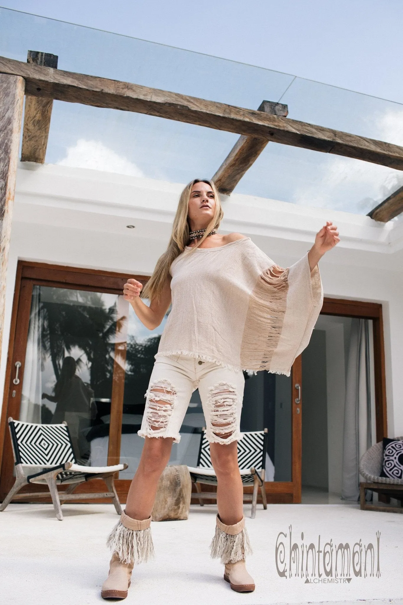 Asymmetric Raw Cotton Boho Top / Ripped Tshirt / Beige