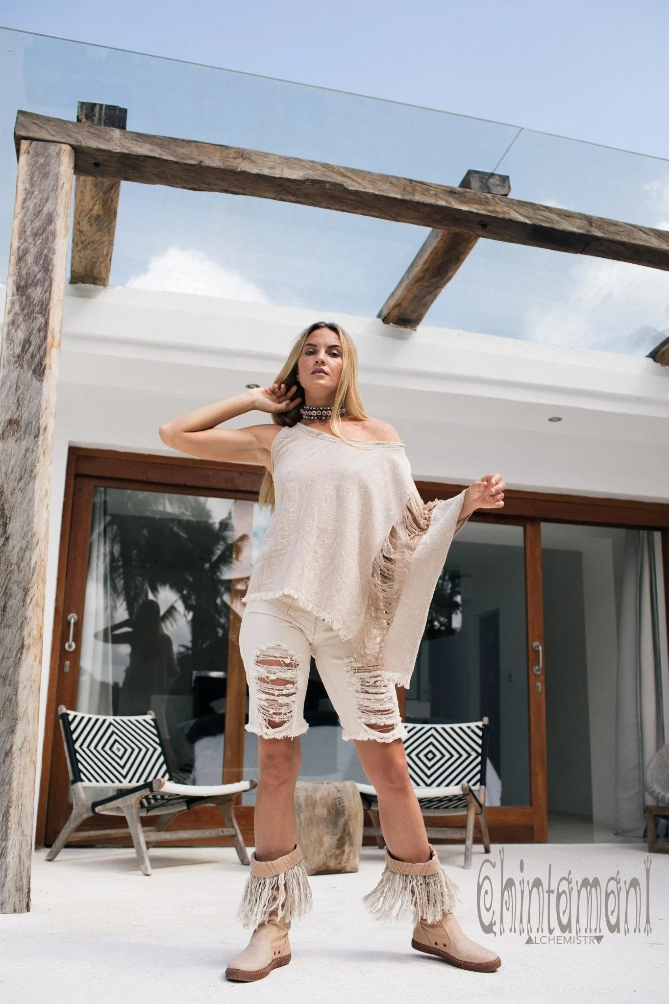 Asymmetric Raw Cotton Boho Top / Ripped Tshirt / Beige