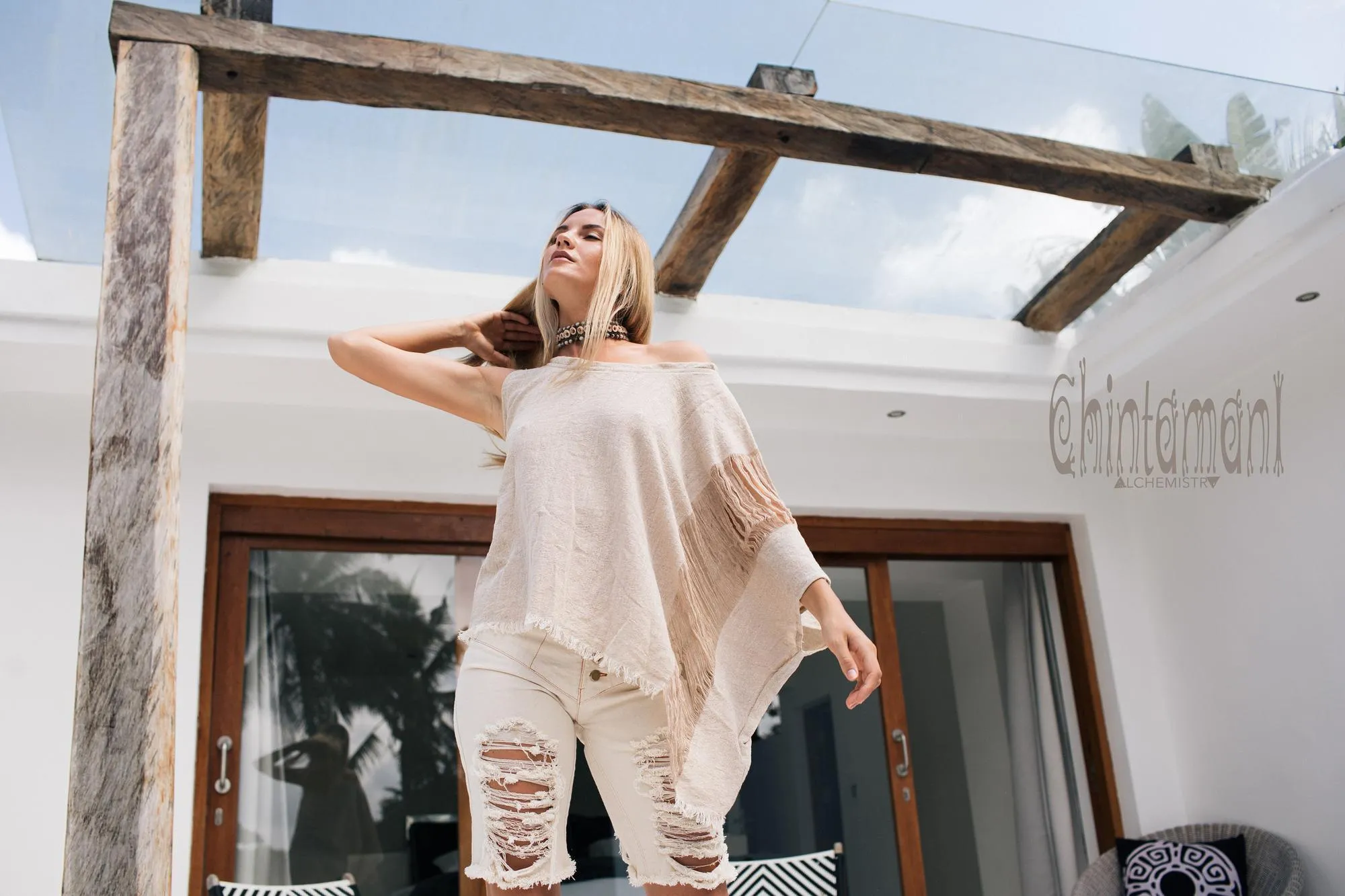 Asymmetric Raw Cotton Boho Top / Ripped Tshirt / Beige