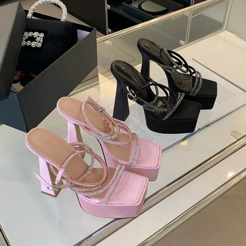 binfenxie Silk Square Head Crystal Narrow Band Super High Heel Shoes Women Fashion Platform Party Striptease Pole Dance Sandals