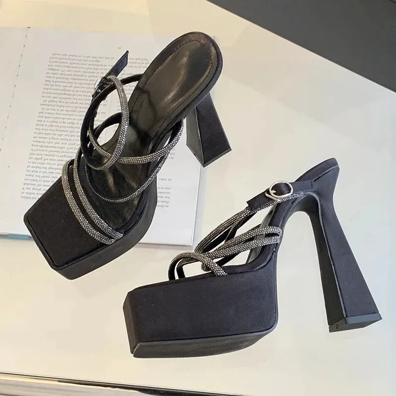 binfenxie Silk Square Head Crystal Narrow Band Super High Heel Shoes Women Fashion Platform Party Striptease Pole Dance Sandals