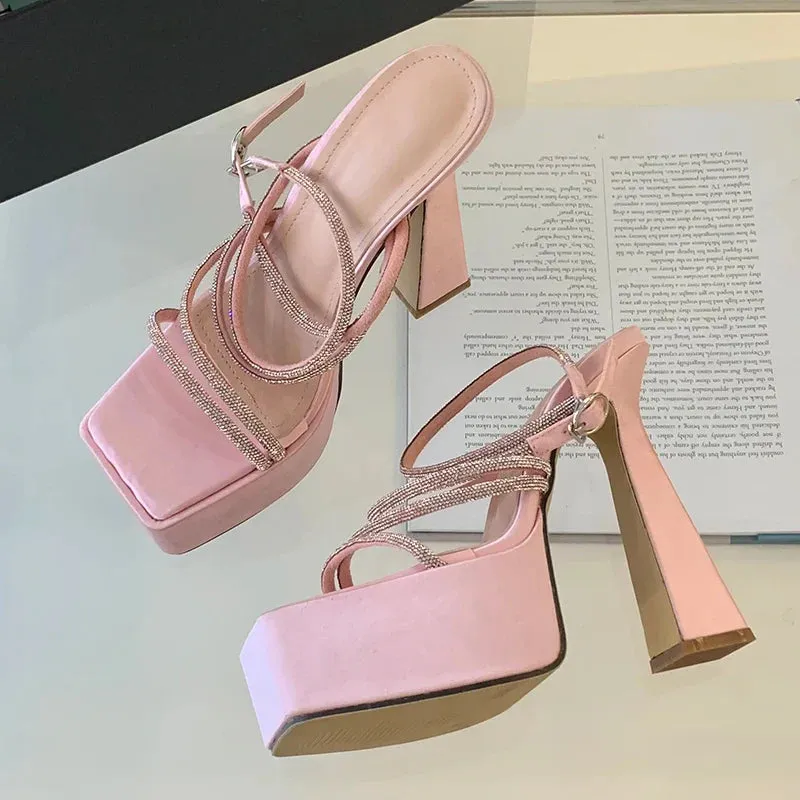 binfenxie Silk Square Head Crystal Narrow Band Super High Heel Shoes Women Fashion Platform Party Striptease Pole Dance Sandals