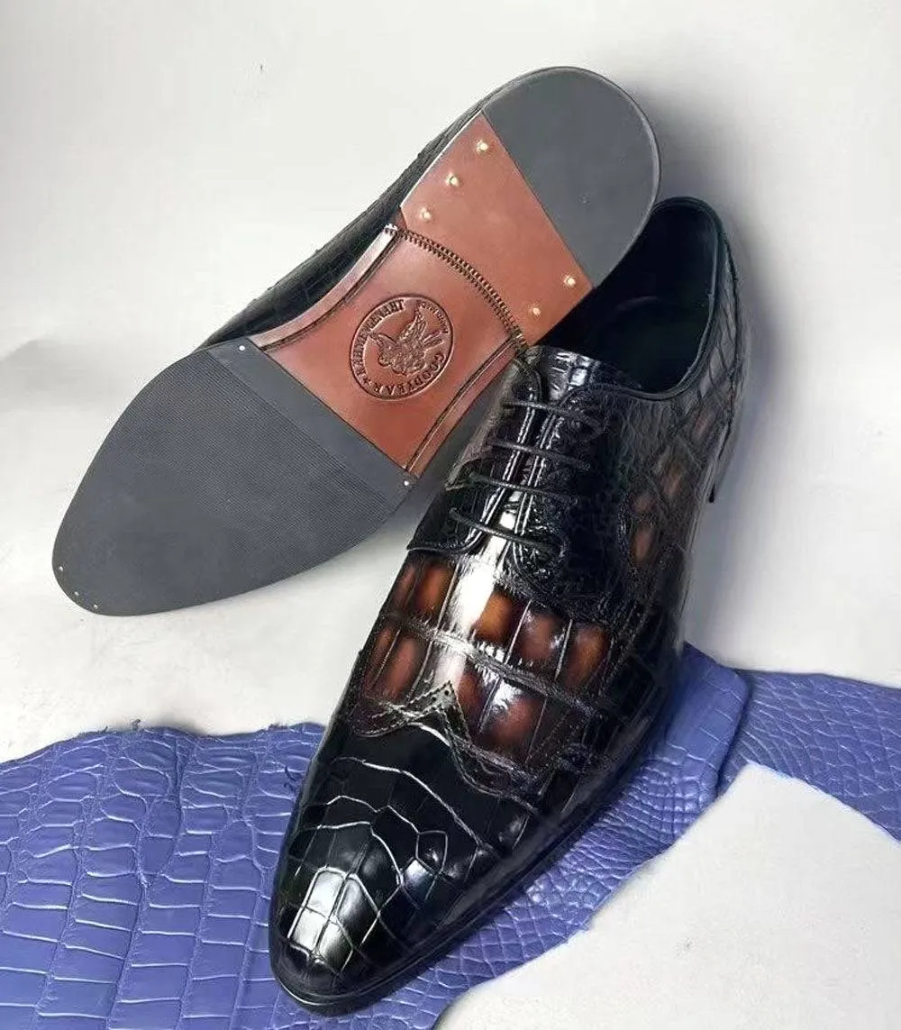 Crocodile Shoes Crocodile Leather Two Tone Shoes,Brogue Formal Shoes,Lace Up Dress Shoes