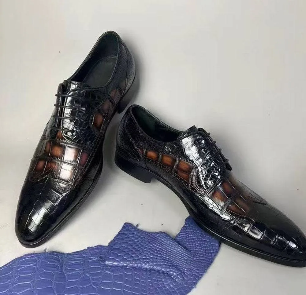 Crocodile Shoes Crocodile Leather Two Tone Shoes,Brogue Formal Shoes,Lace Up Dress Shoes