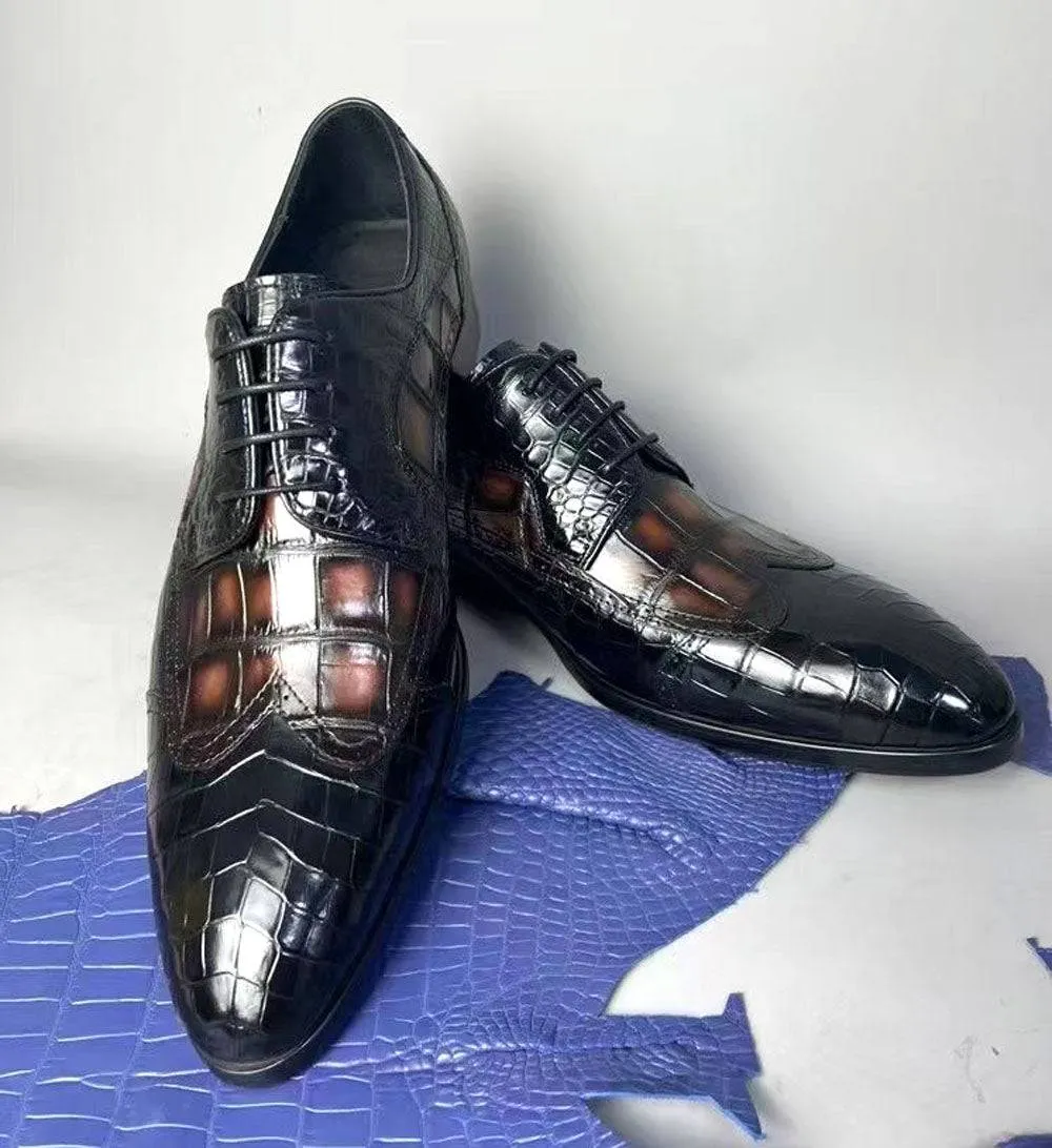 Crocodile Shoes Crocodile Leather Two Tone Shoes,Brogue Formal Shoes,Lace Up Dress Shoes