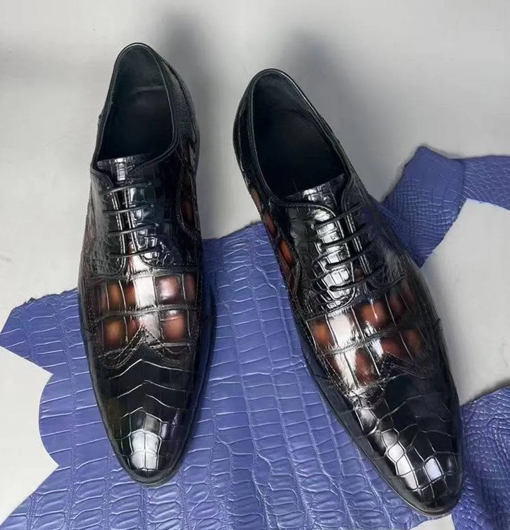 Crocodile Shoes Crocodile Leather Two Tone Shoes,Brogue Formal Shoes,Lace Up Dress Shoes