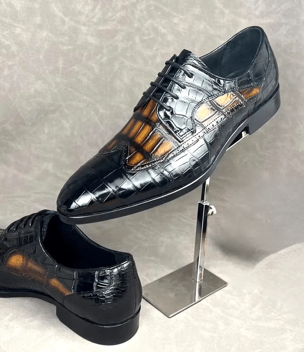 Crocodile Shoes Crocodile Leather Two Tone Shoes,Brogue Formal Shoes,Lace Up Dress Shoes