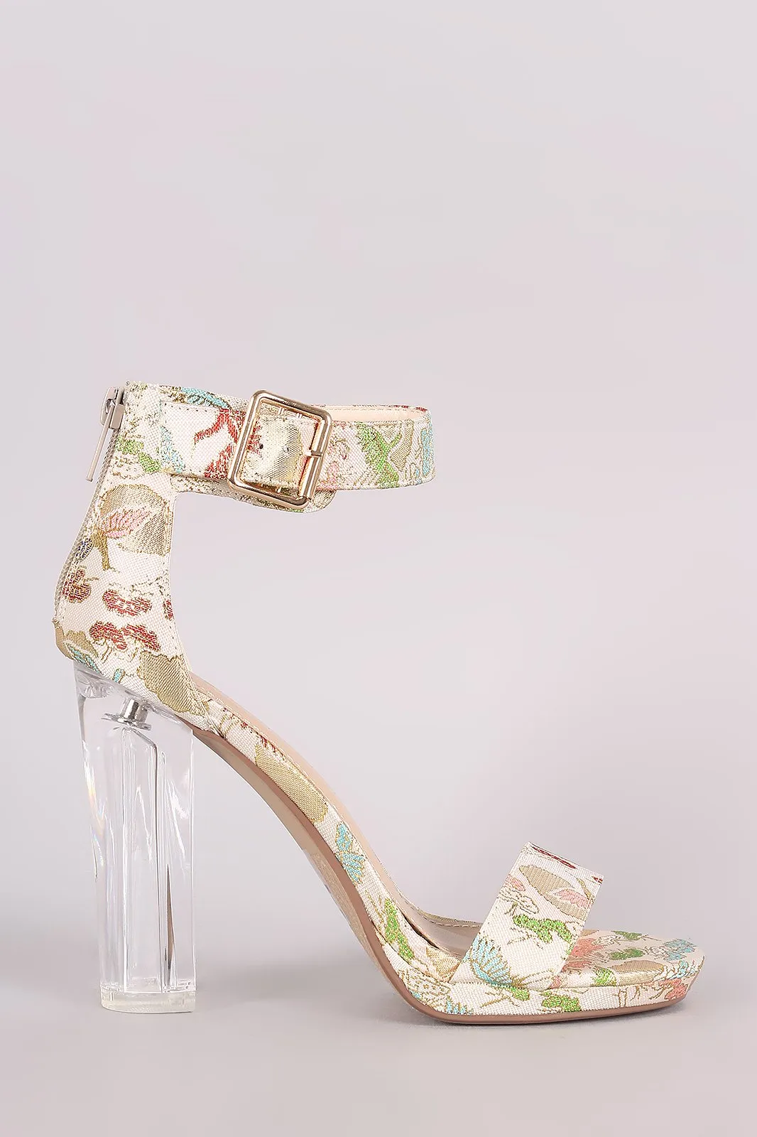 Delicious Oriental Embroidered Chunky Clear Heel