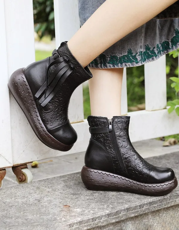 Embossing Handmade Leather Retro Ankle Wedge Boots