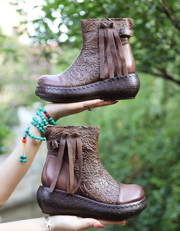 Embossing Handmade Leather Retro Ankle Wedge Boots