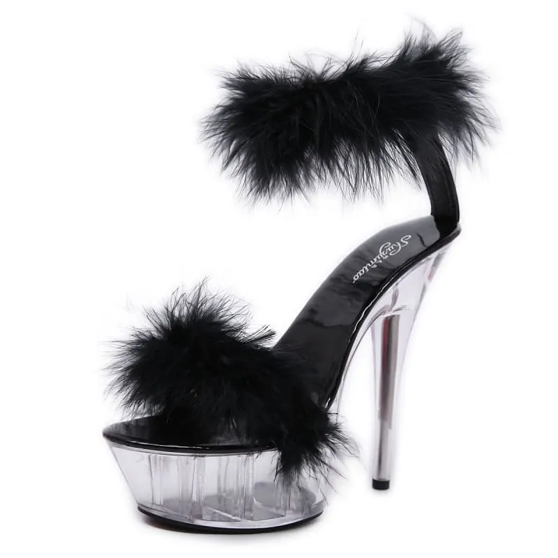 Fluffy Pink Fur Stiletto Heel Sandals with Transparent Platform