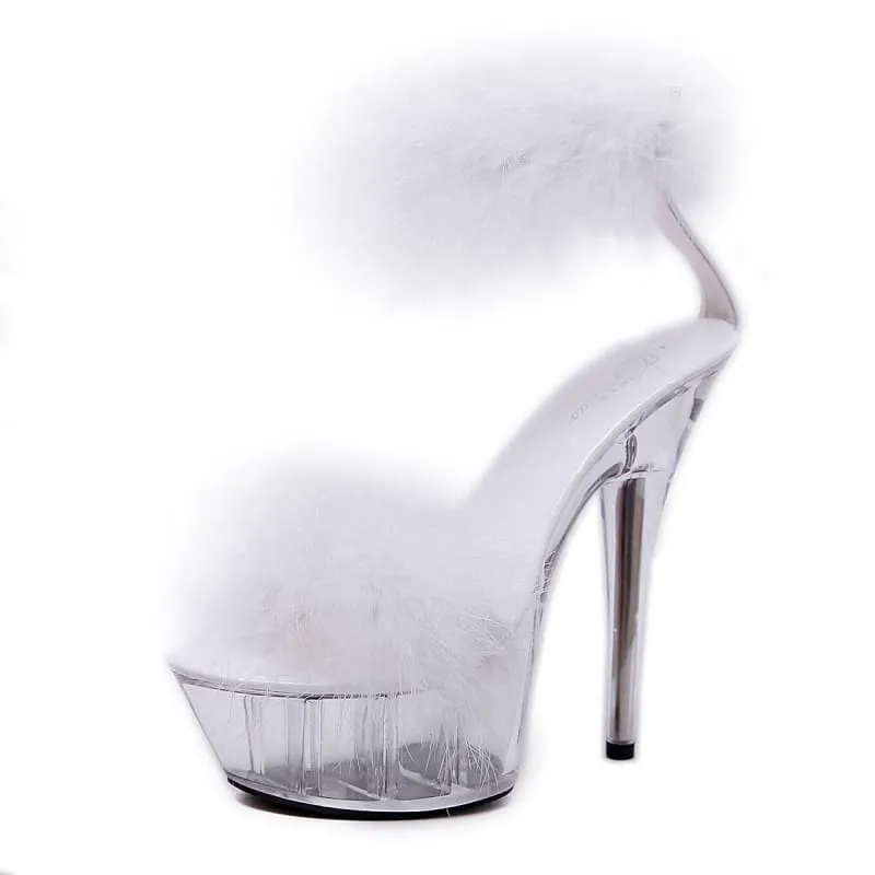 Fluffy Pink Fur Stiletto Heel Sandals with Transparent Platform