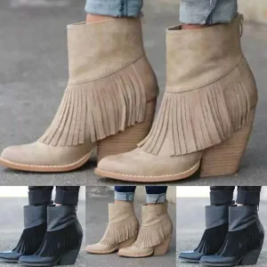 Fringe High Chunky Heel Zipper Ankle Boots