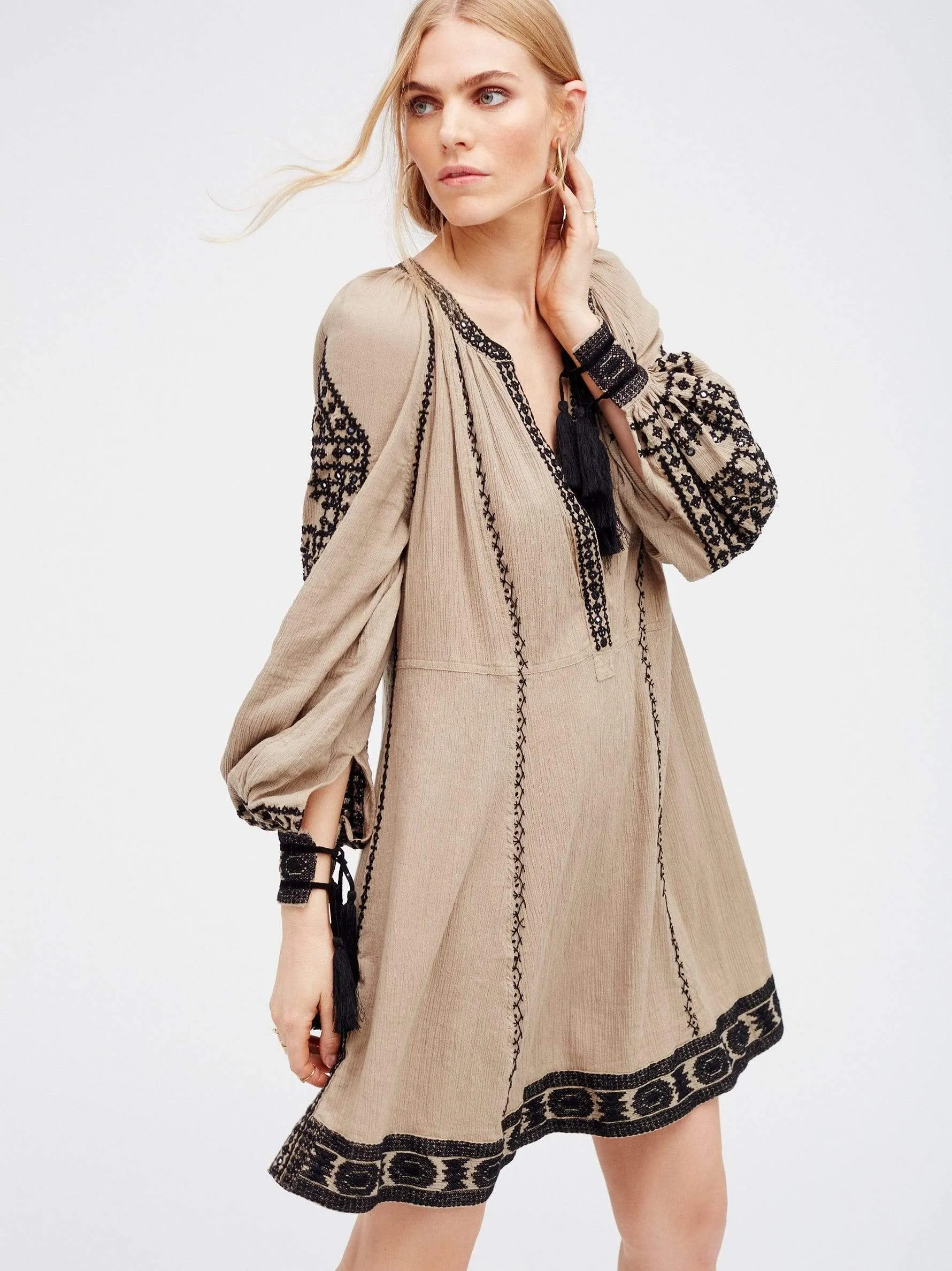 Gemini Embroidery V-Neck Boho Mini Dress