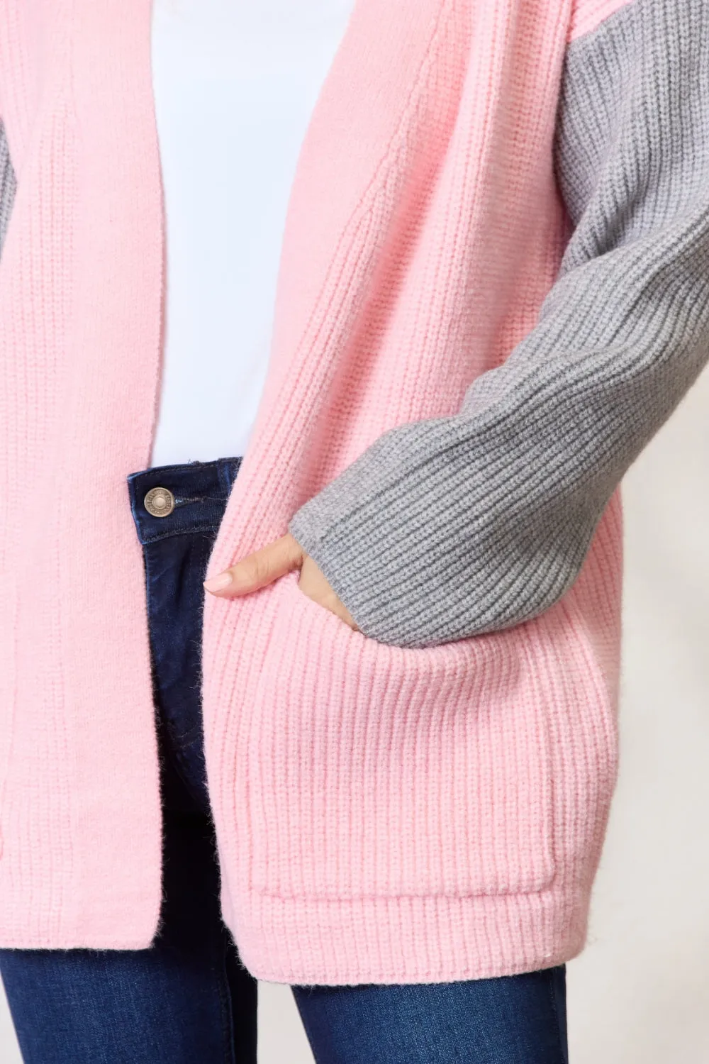 Grey/Blush Open Front Cardigan with Pockets