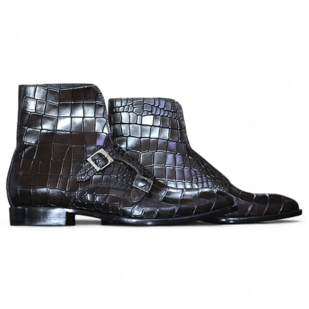 Handmade Alligator Textured Genuine Cow-Hide Leather Double Monk Boots For Men, Chukka Ankle Boots For Mens