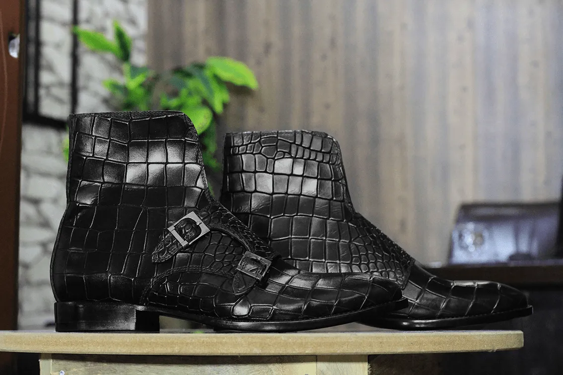 Handmade Alligator Textured Genuine Cow-Hide Leather Double Monk Boots For Men, Chukka Ankle Boots For Mens