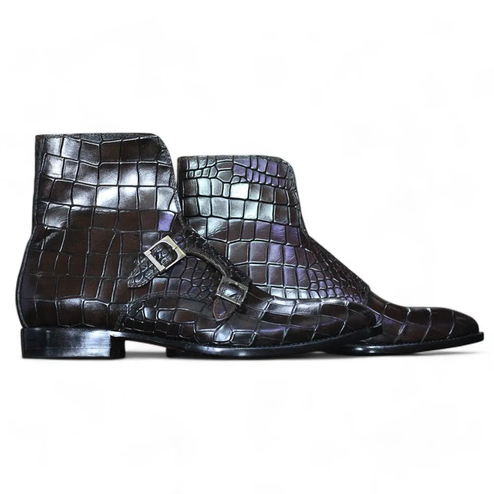 Handmade Alligator Textured Genuine Cow-Hide Leather Double Monk Boots For Men, Chukka Ankle Boots For Mens