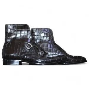 Handmade Alligator Textured Genuine Cow-Hide Leather Double Monk Boots For Men, Chukka Ankle Boots For Mens