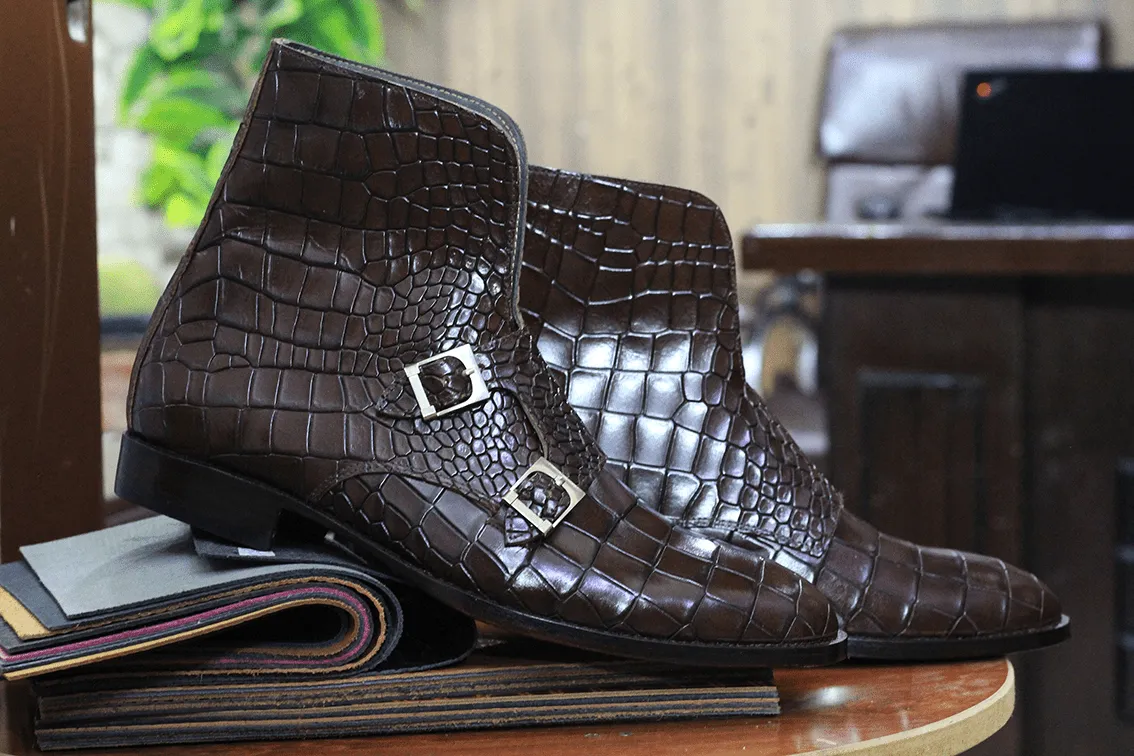 Handmade Alligator Textured Genuine Cow-Hide Leather Double Monk Boots For Men, Chukka Ankle Boots For Mens