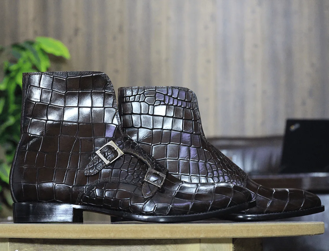 Handmade Alligator Textured Genuine Cow-Hide Leather Double Monk Boots For Men, Chukka Ankle Boots For Mens