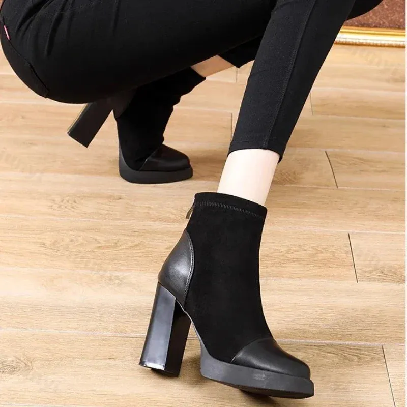 Hnzxzm Square Heel Ankle Boots Autumn New Comfort Soft Leather High Heel Boots Women's Fashion Pointed Zipper Temperament Women's Shoes