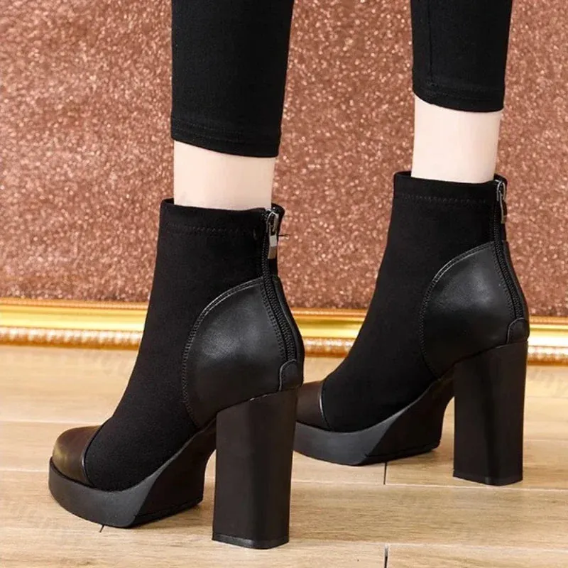 Hnzxzm Square Heel Ankle Boots Autumn New Comfort Soft Leather High Heel Boots Women's Fashion Pointed Zipper Temperament Women's Shoes