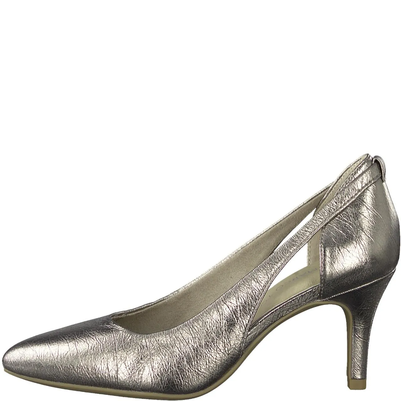 Marco Tozzi crackled pewter pointed toe heeled shoe