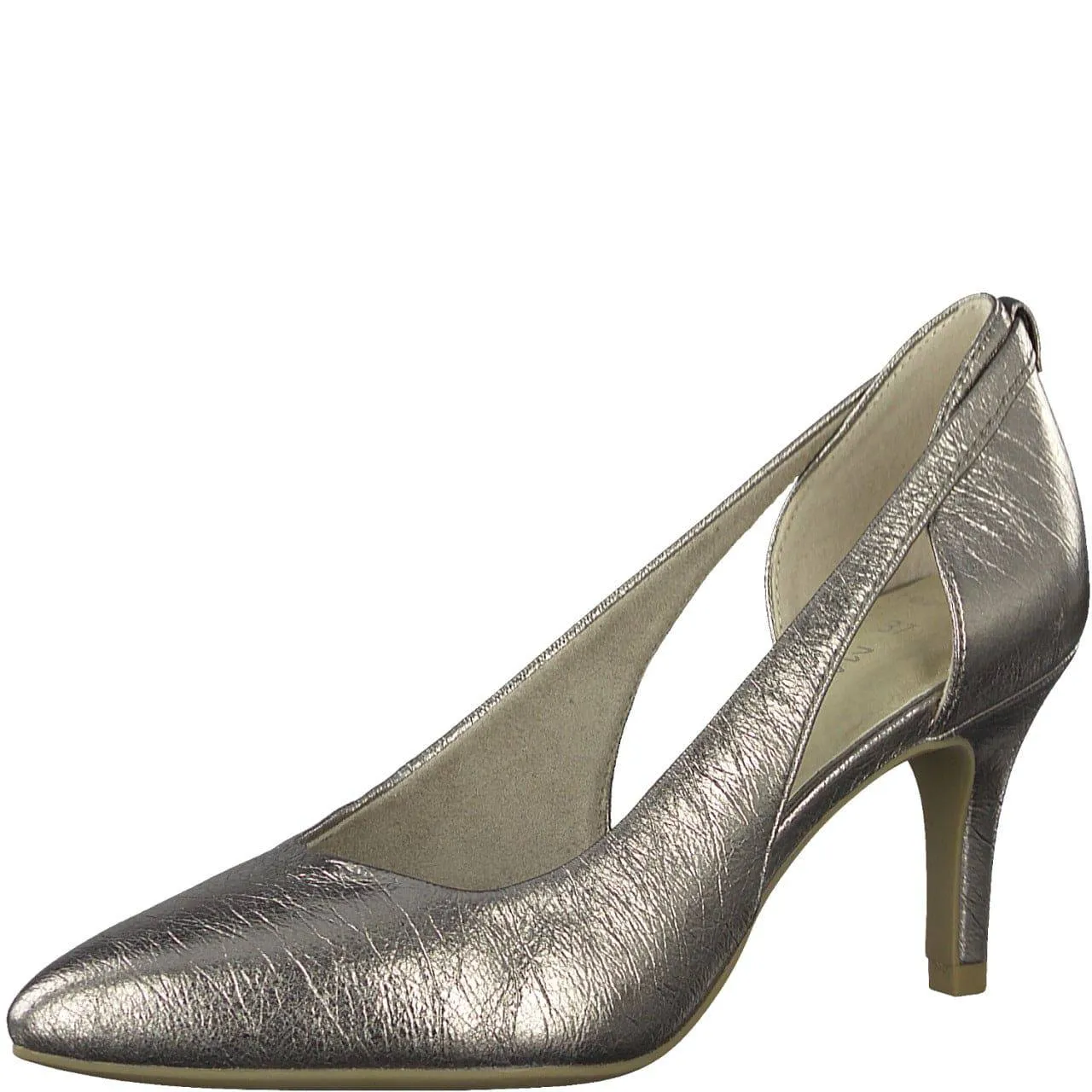 Marco Tozzi crackled pewter pointed toe heeled shoe