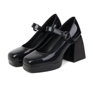 Mary Jane Sqaure Toe Platform Pumps Patent Leather Chunky Heels for Ladies