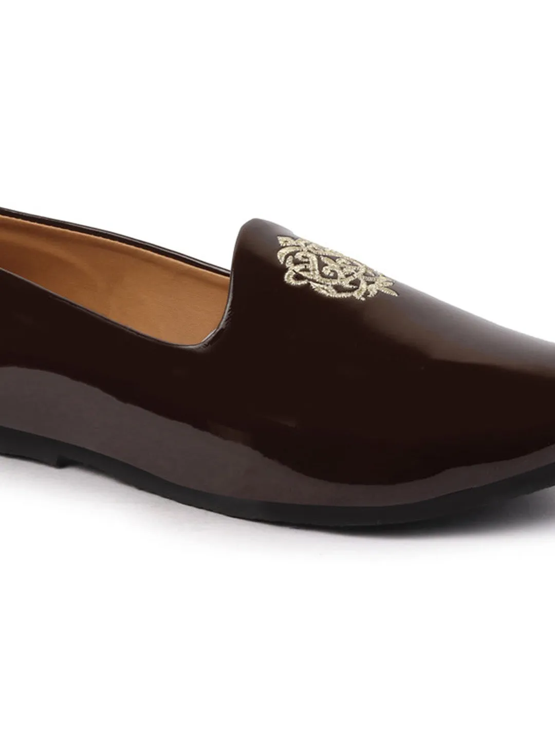 Men Brown Patent Glossy Ethnic Embroidered Design Slip On Shiny Juttis & Mojaris For Party|Wedding|Festival