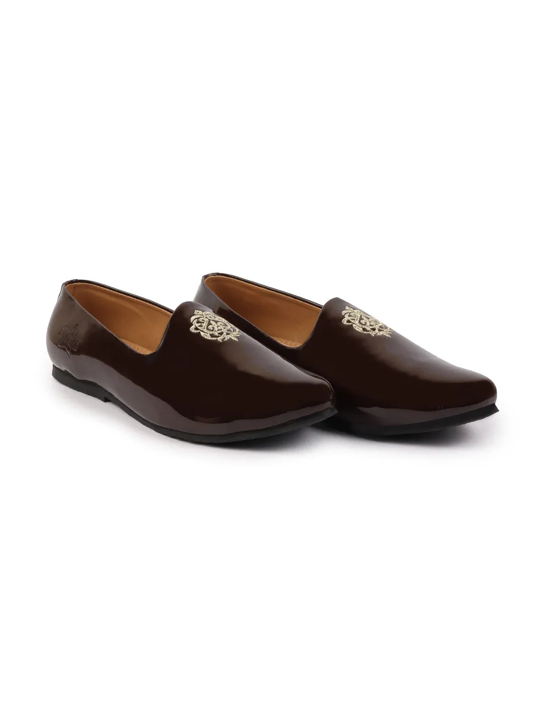 Men Brown Patent Glossy Ethnic Embroidered Design Slip On Shiny Juttis & Mojaris For Party|Wedding|Festival