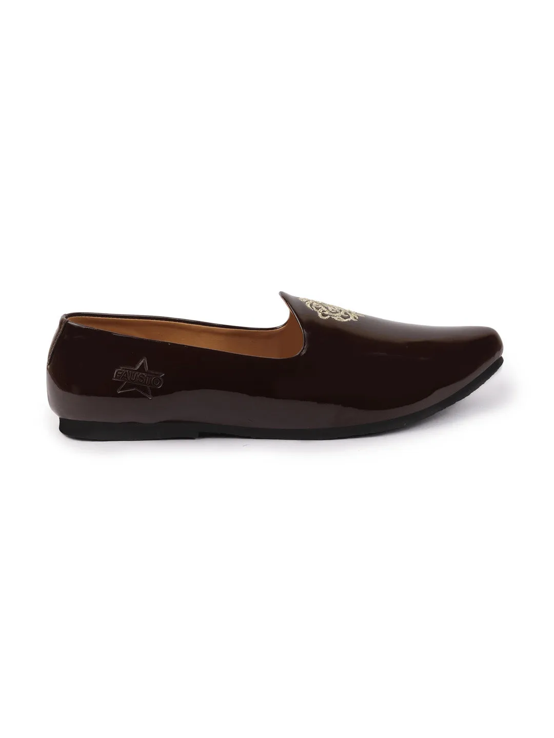 Men Brown Patent Glossy Ethnic Embroidered Design Slip On Shiny Juttis & Mojaris For Party|Wedding|Festival