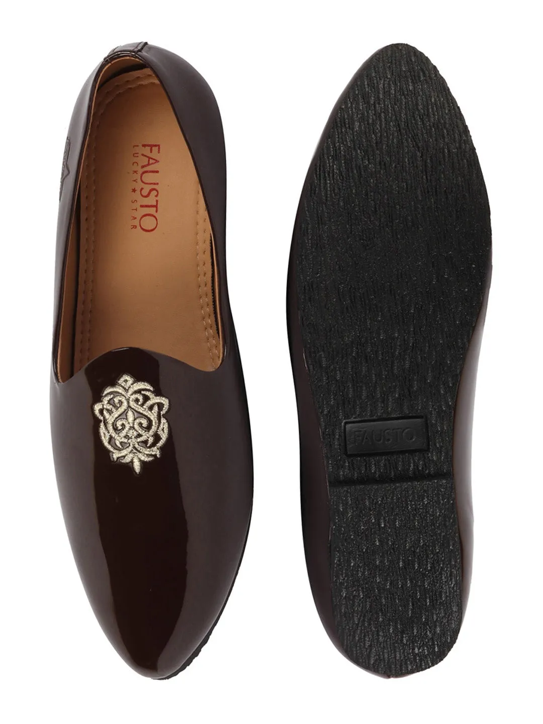 Men Brown Patent Glossy Ethnic Embroidered Design Slip On Shiny Juttis & Mojaris For Party|Wedding|Festival