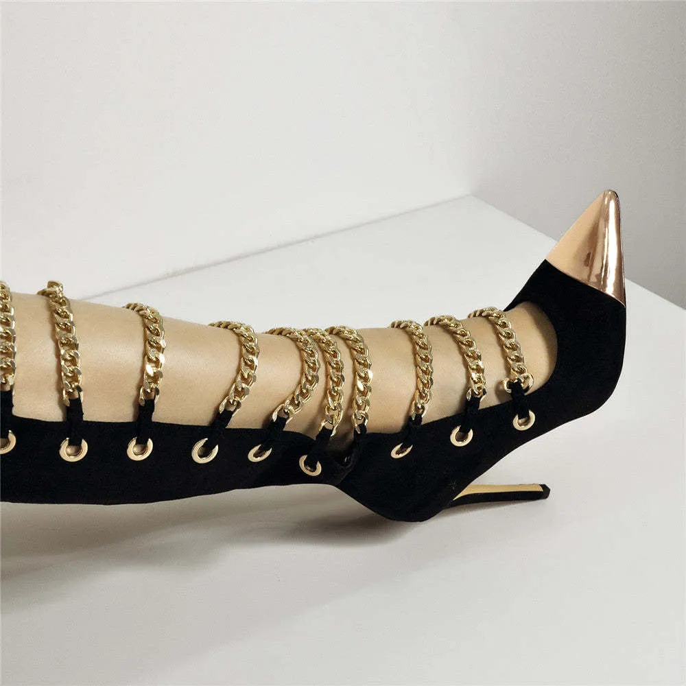 Metal Chain Strapped Pointed High-Cut Velvet Cool Boots
