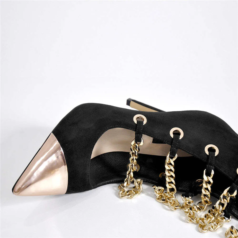 Metal Chain Strapped Pointed High-Cut Velvet Cool Boots