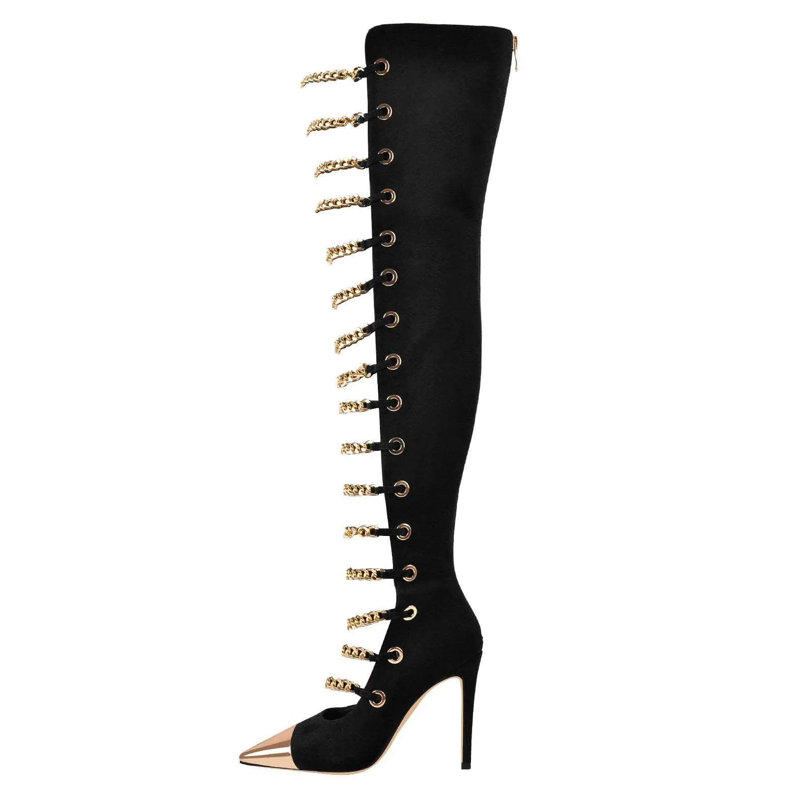 Metal Chain Strapped Pointed High-Cut Velvet Cool Boots
